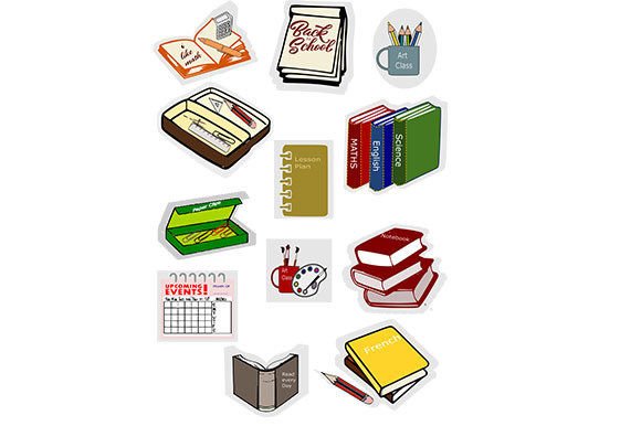 12 School Stationery Stickers: Graphics & Illustrations