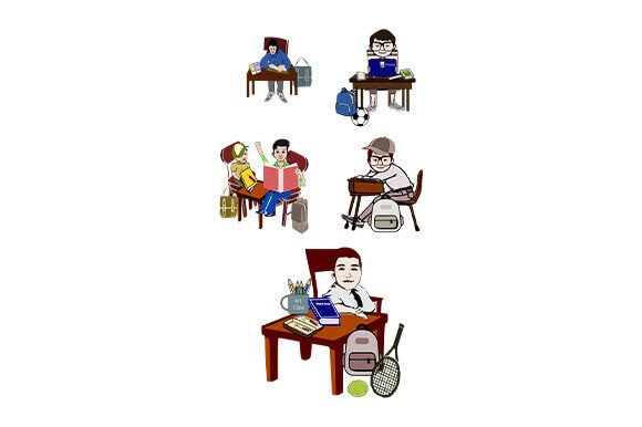 A Set of 5 Students at Desk: Graphics & Illustrations for Real Publishing