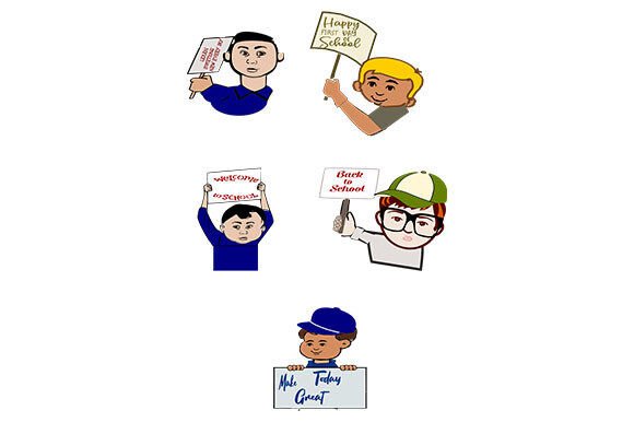 A Set of 5 Students with Sign 2: Graphics & Illustrations