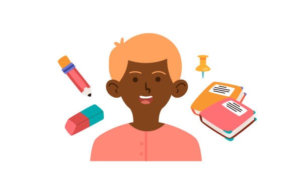 Back to School Guy with Stationery: Graphics & Illustrations