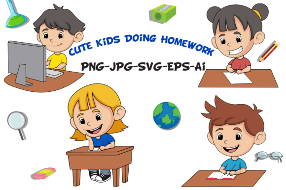 Cute Kids Cartoon Doing Homework: Graphics & Illustrations