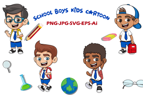 School Boys Kids Cartoon: Graphics & Illustrations for Branding
