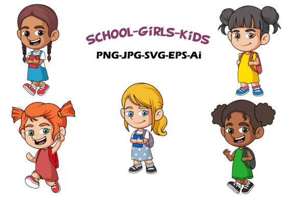 School Girls Kids Cartoon Clipart: Graphics & Illustrations