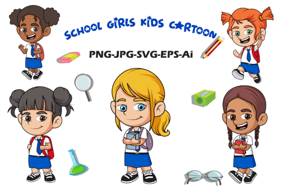 School Girls Kids Cartoon Graphics & Illustrations